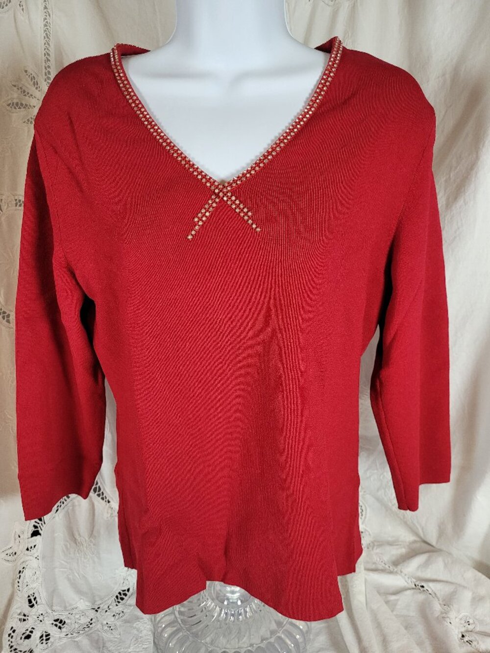 Style and Co Womens Large Red Pullover Rhinestone Neck Decoration Rayon Blend